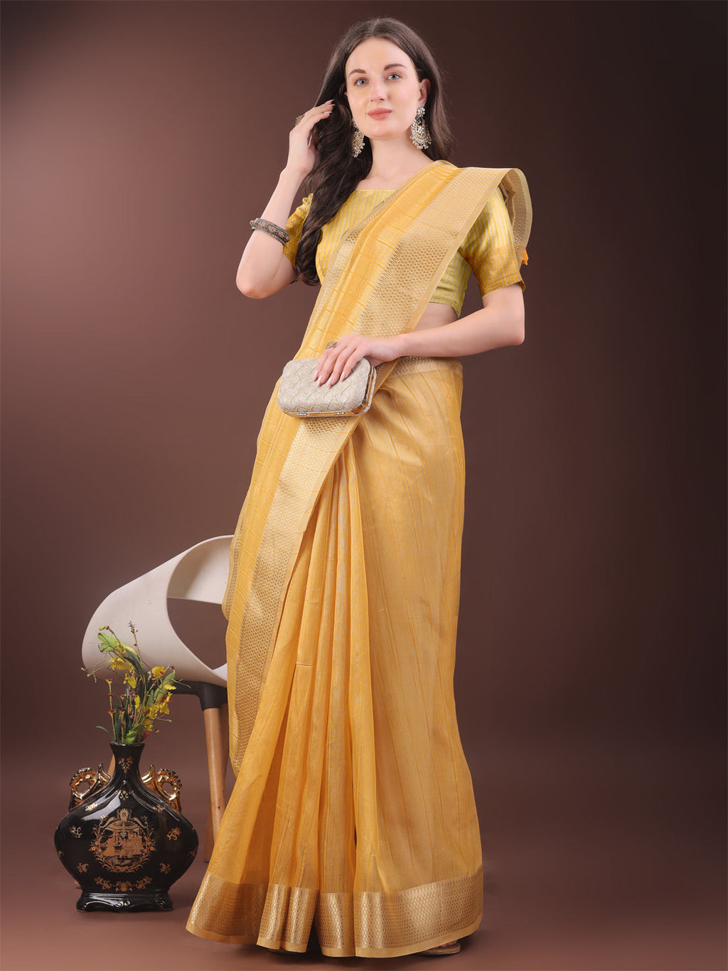 Shree Shyam Fashion Elegant Gold Mustard Organza Saree with Zari Border | Party Wear Lightweight Saree with Blouse for Women | Grocsy