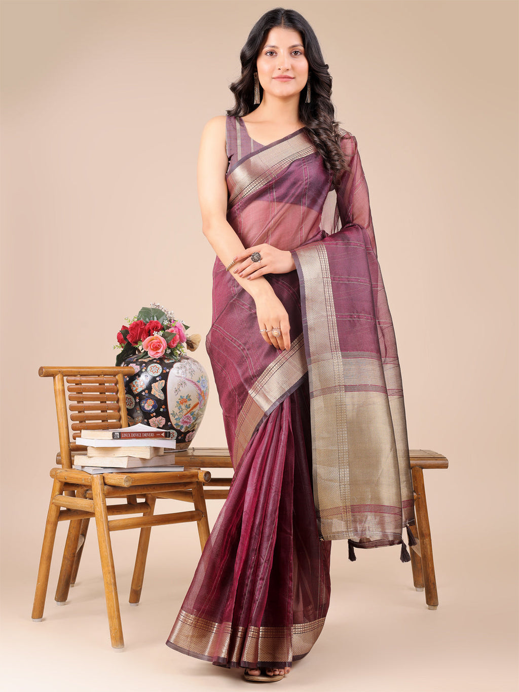 Shree Shyam Fashion Purple Organza Woven Zari Work Traditional Tassel Saree | Grocsy