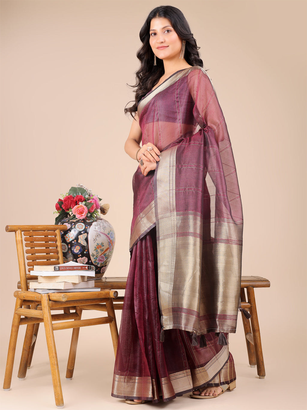 Shree Shyam Fashion Purple Organza Woven Zari Work Traditional Tassel Saree | Grocsy