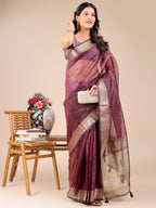 Shree Shyam Fashion Purple Organza Woven Zari Work Traditional Tassel Saree | Grocsy