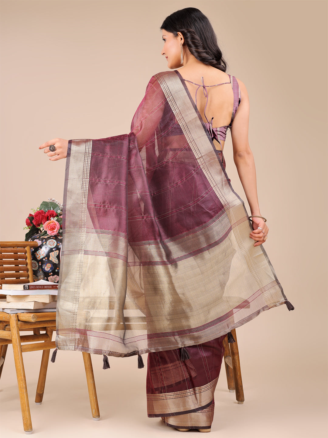 Shree Shyam Fashion Purple Organza Woven Zari Work Traditional Tassel Saree | Grocsy