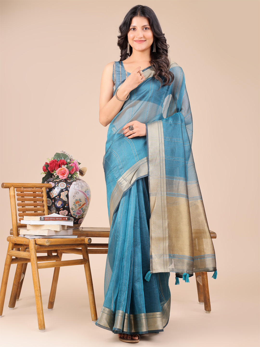 Shree Shyam Fashion Sea Green Organza Woven Zari Work Traditional Tassel Saree | Grocsy