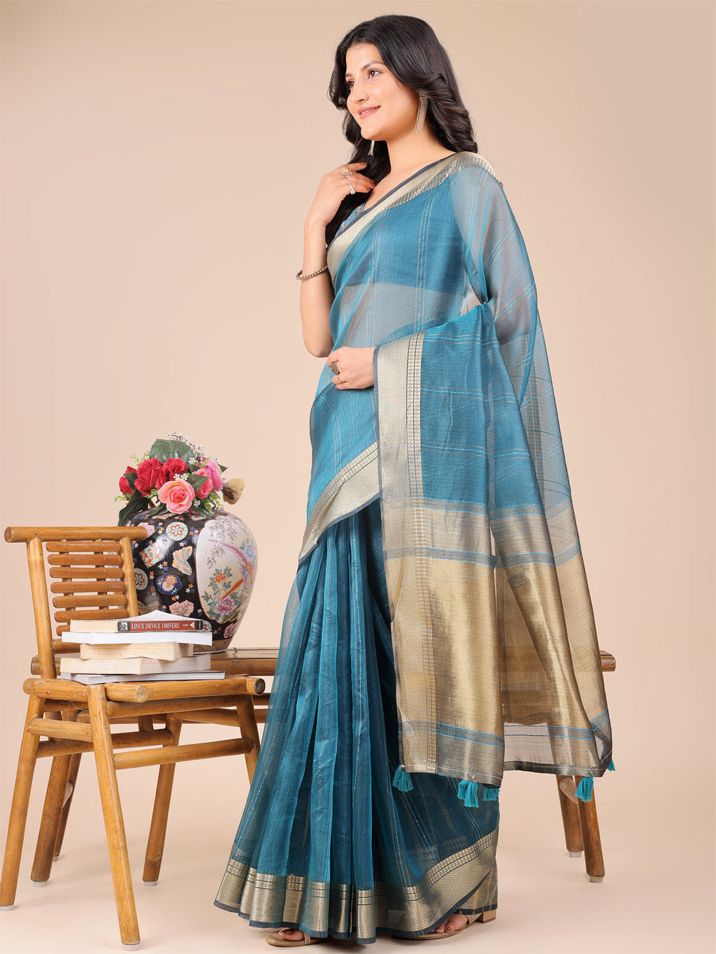 Shree Shyam Fashion Sea Green Organza Woven Zari Work Traditional Tassel Saree | Grocsy