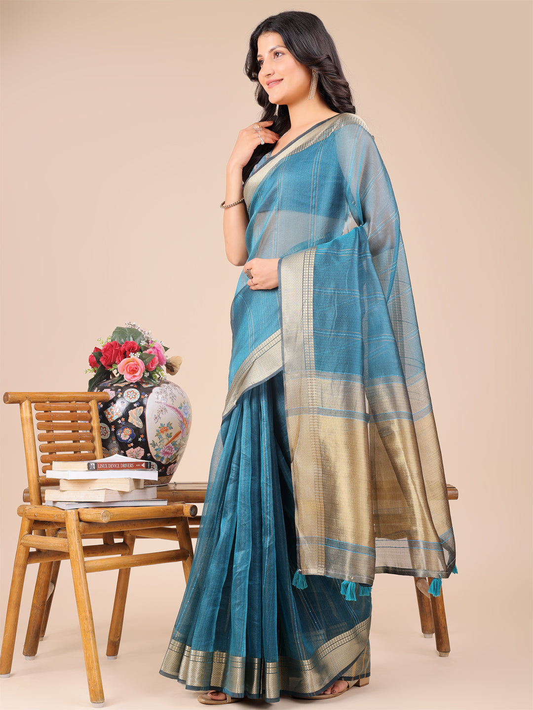 Shree Shyam Fashion Sea Green Organza Woven Zari Work Traditional Tassel Saree | Grocsy