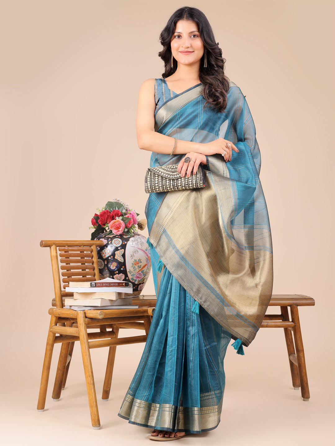 Shree Shyam Fashion Sea Green Organza Woven Zari Work Traditional Tassel Saree | Grocsy