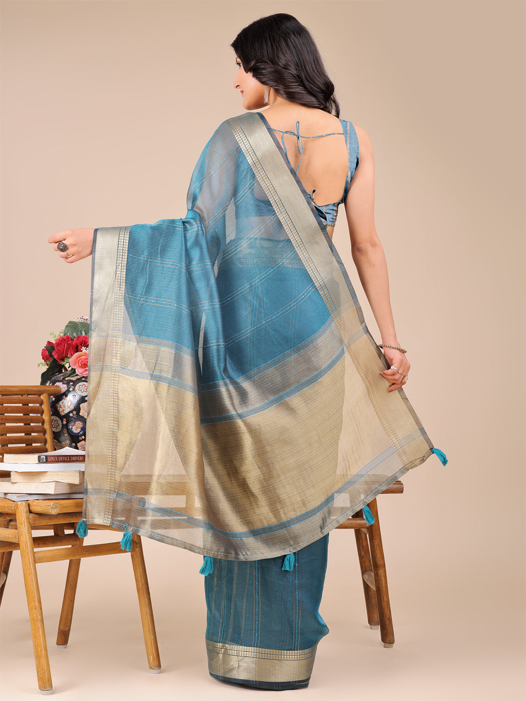 Shree Shyam Fashion Sea Green Organza Woven Zari Work Traditional Tassel Saree | Grocsy