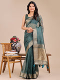Shree Shyam Fashion Dark Green Organza Woven Zari Work Traditional Tassel Saree | Grocsy