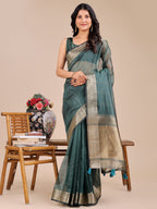 Shree Shyam Fashion Dark Green Organza Woven Zari Work Traditional Tassel Saree | Grocsy