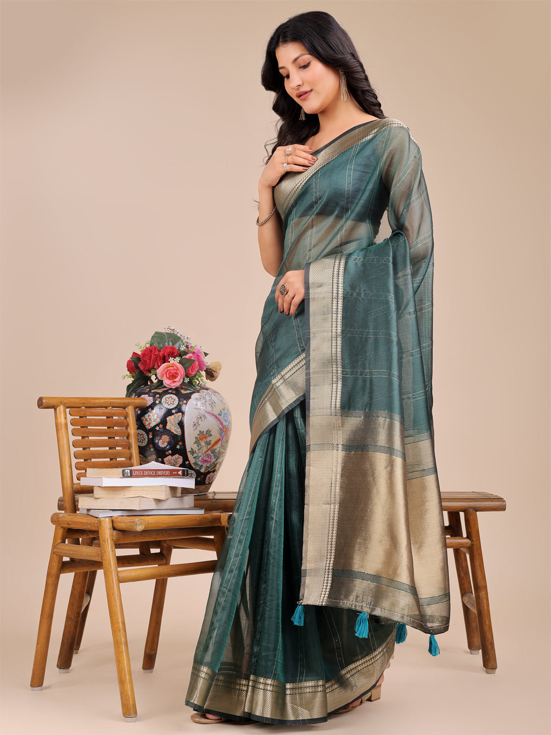 Shree Shyam Fashion Dark Green Organza Woven Zari Work Traditional Tassel Saree | Grocsy