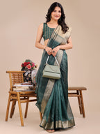 Shree Shyam Fashion Dark Green Organza Woven Zari Work Traditional Tassel Saree | Grocsy