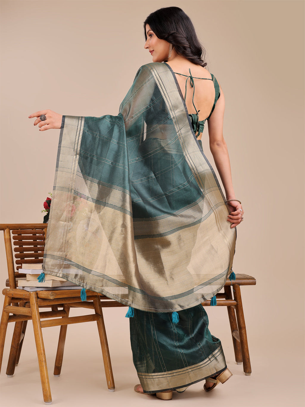 Shree Shyam Fashion Dark Green Organza Woven Zari Work Traditional Tassel Saree | Grocsy