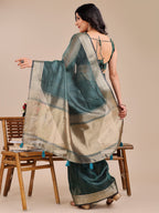 Shree Shyam Fashion Dark Green Organza Woven Zari Work Traditional Tassel Saree | Grocsy