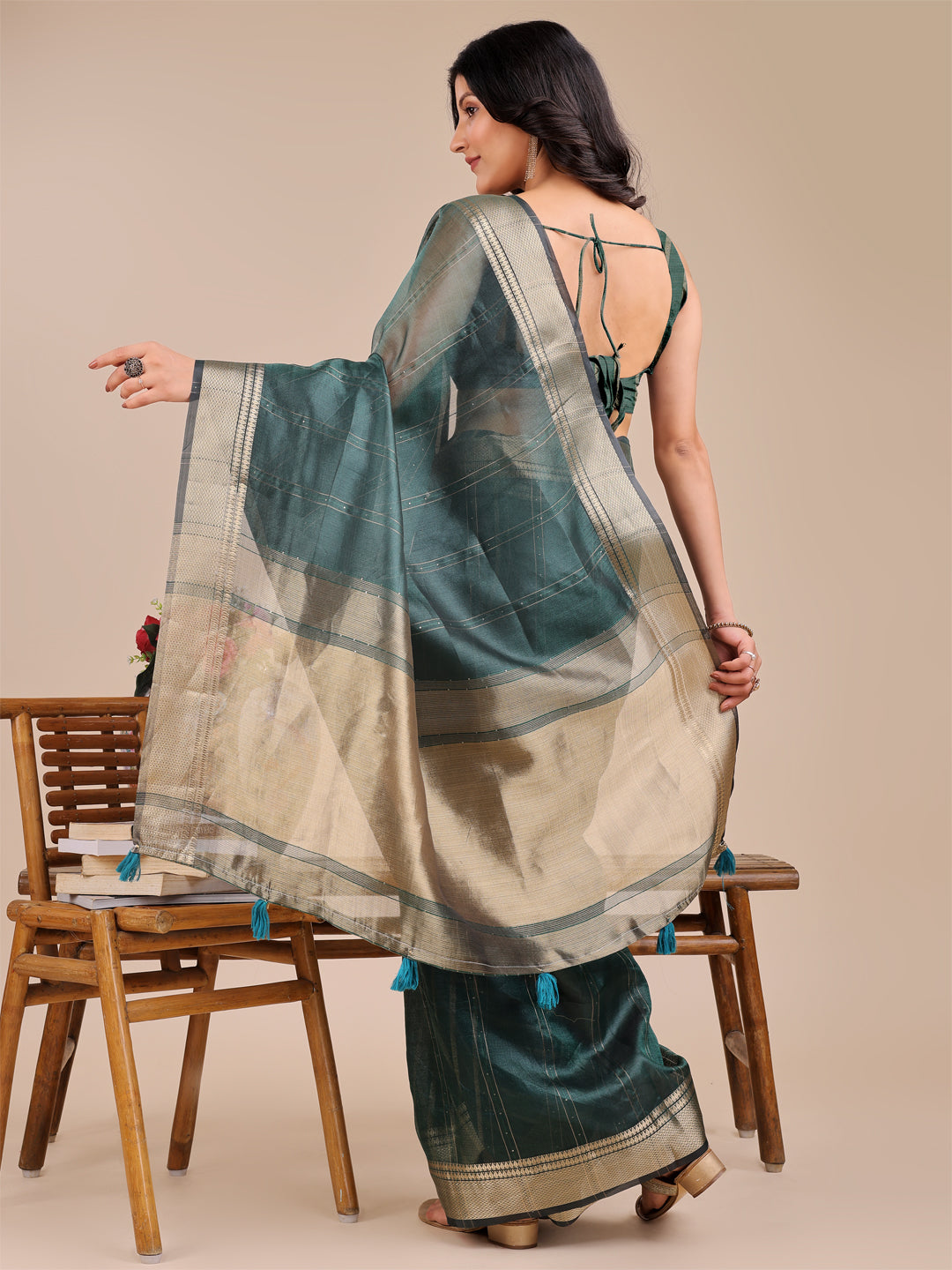 Shree Shyam Fashion Dark Green Organza Woven Zari Work Traditional Tassel Saree | Grocsy