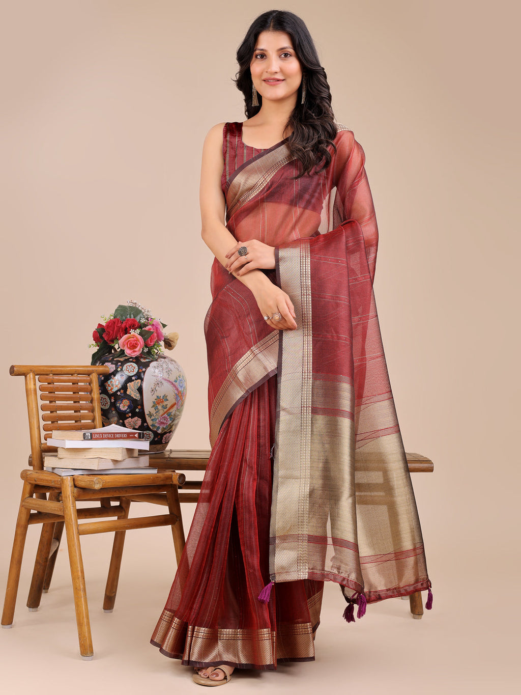 Shree Shyam Fashion Maroon Organza Woven Zari Work Traditional Tassel Saree | Grocsy