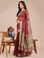 Shree Shyam Fashion Maroon Organza Woven Zari Work Traditional Tassel Saree | Grocsy