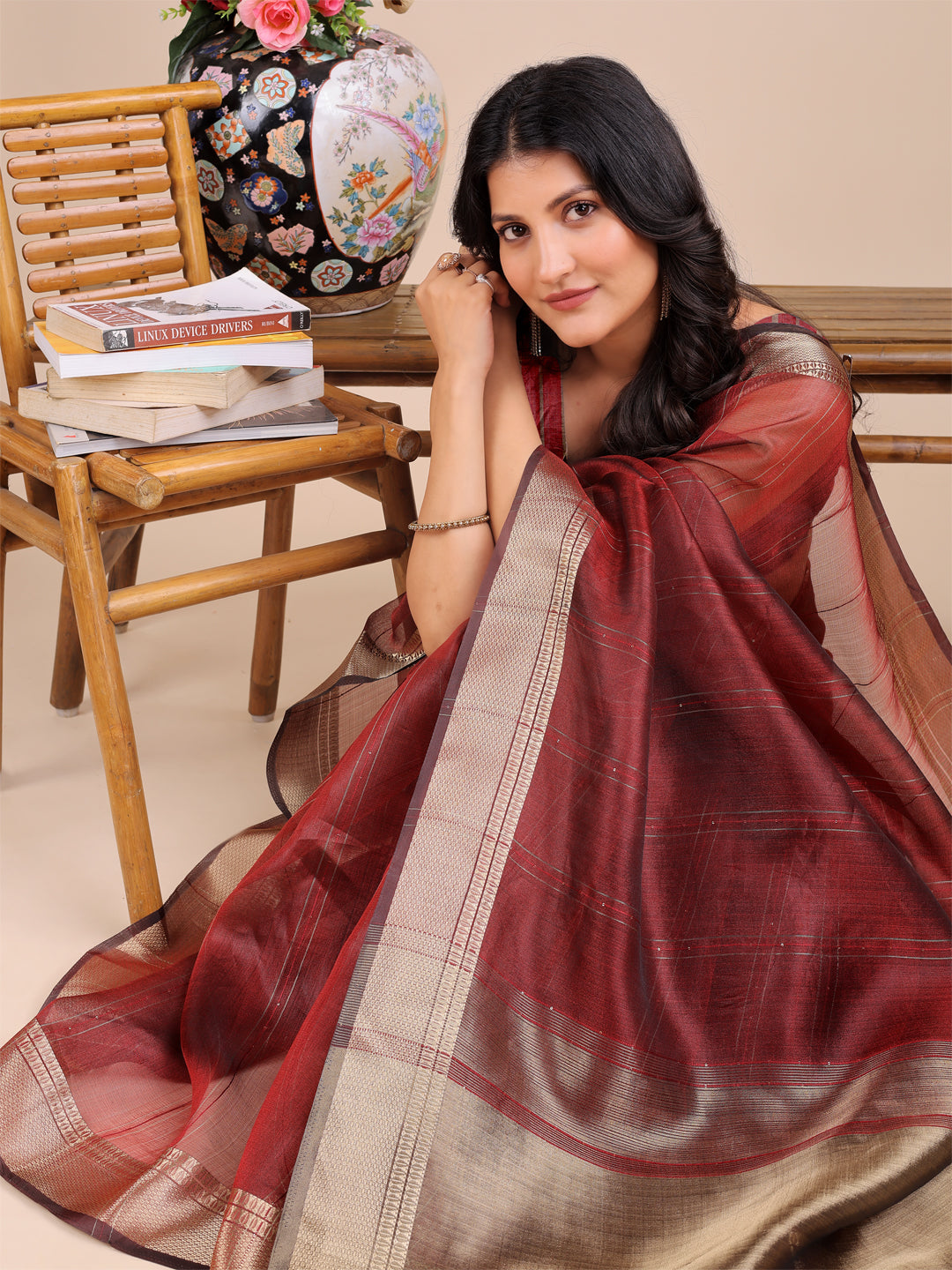Shree Shyam Fashion Maroon Organza Woven Zari Work Traditional Tassel Saree | Grocsy