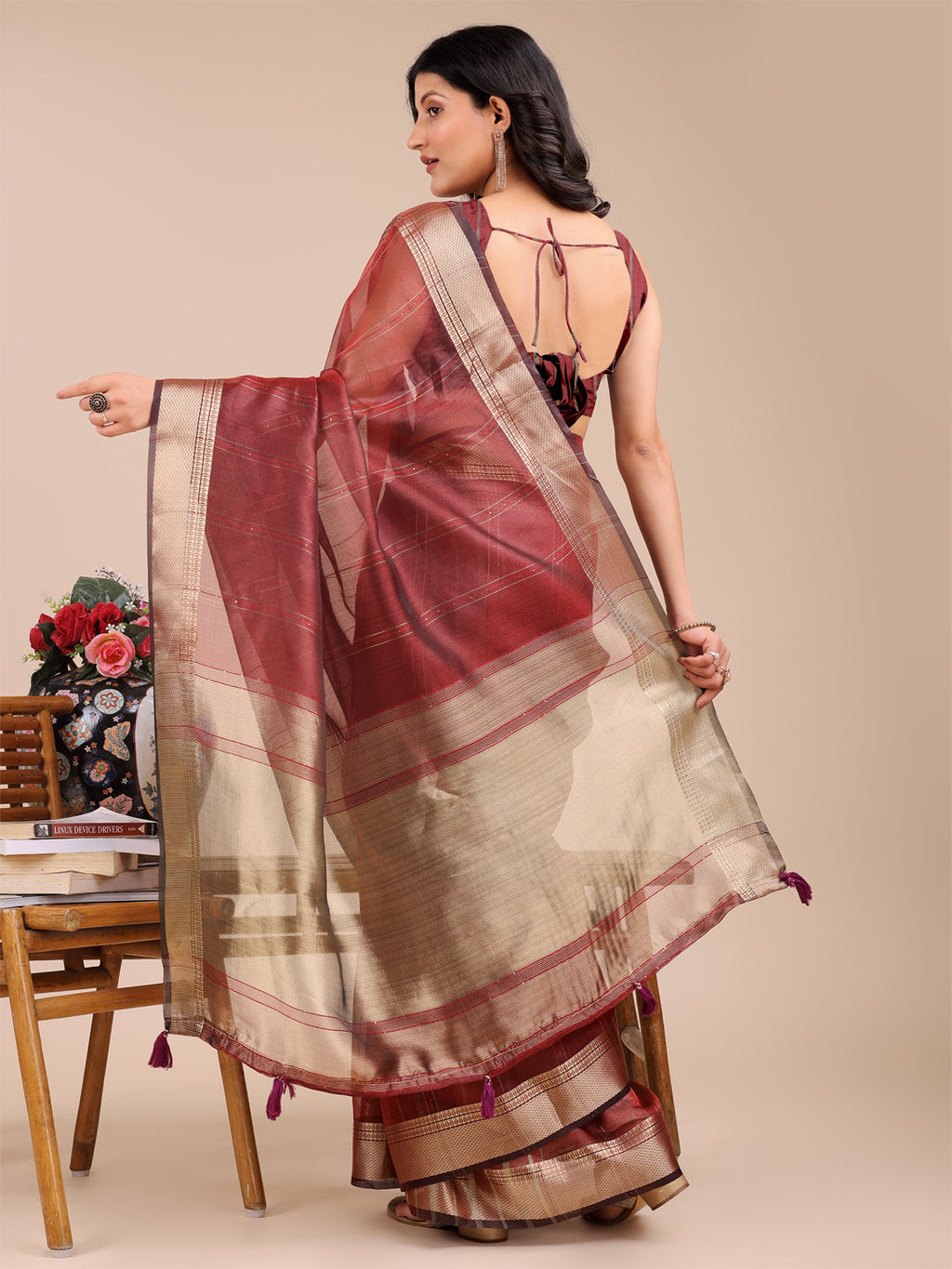 Shree Shyam Fashion Maroon Organza Woven Zari Work Traditional Tassel Saree | Grocsy