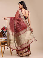 Shree Shyam Fashion Maroon Organza Woven Zari Work Traditional Tassel Saree | Grocsy