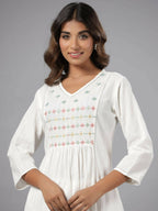 Juniper Women White Seer Sucker Embroidered High Slit Kurta | Grocsy