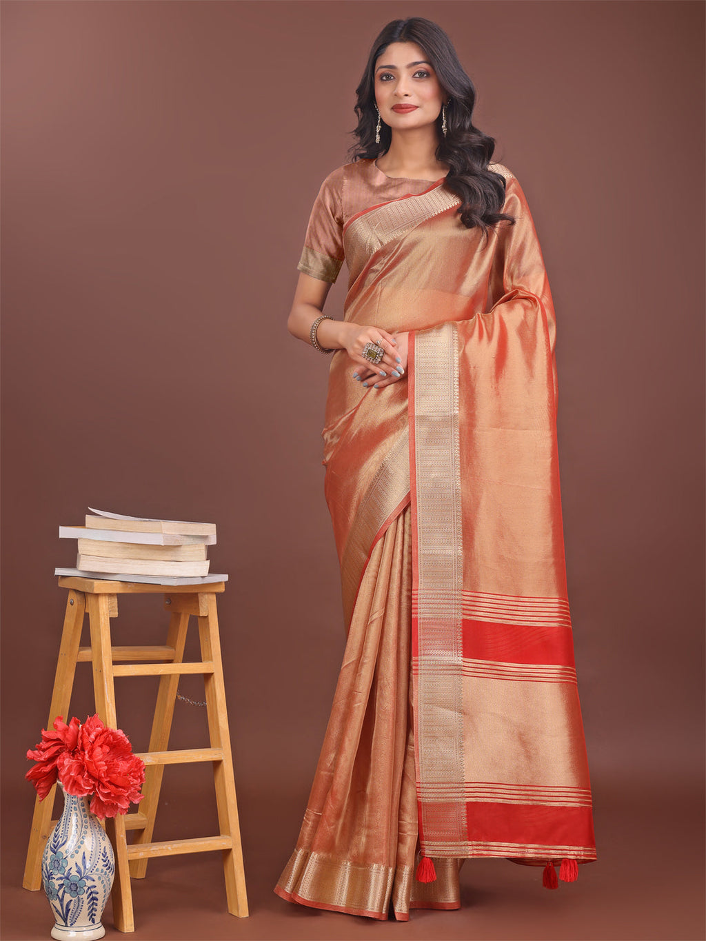 Shree Shyam Fashion Elegant Orange & Red Organza Saree with Rich Zari Border & Pallu Tassels | Premium Partywear Saree for Women | Grocsy