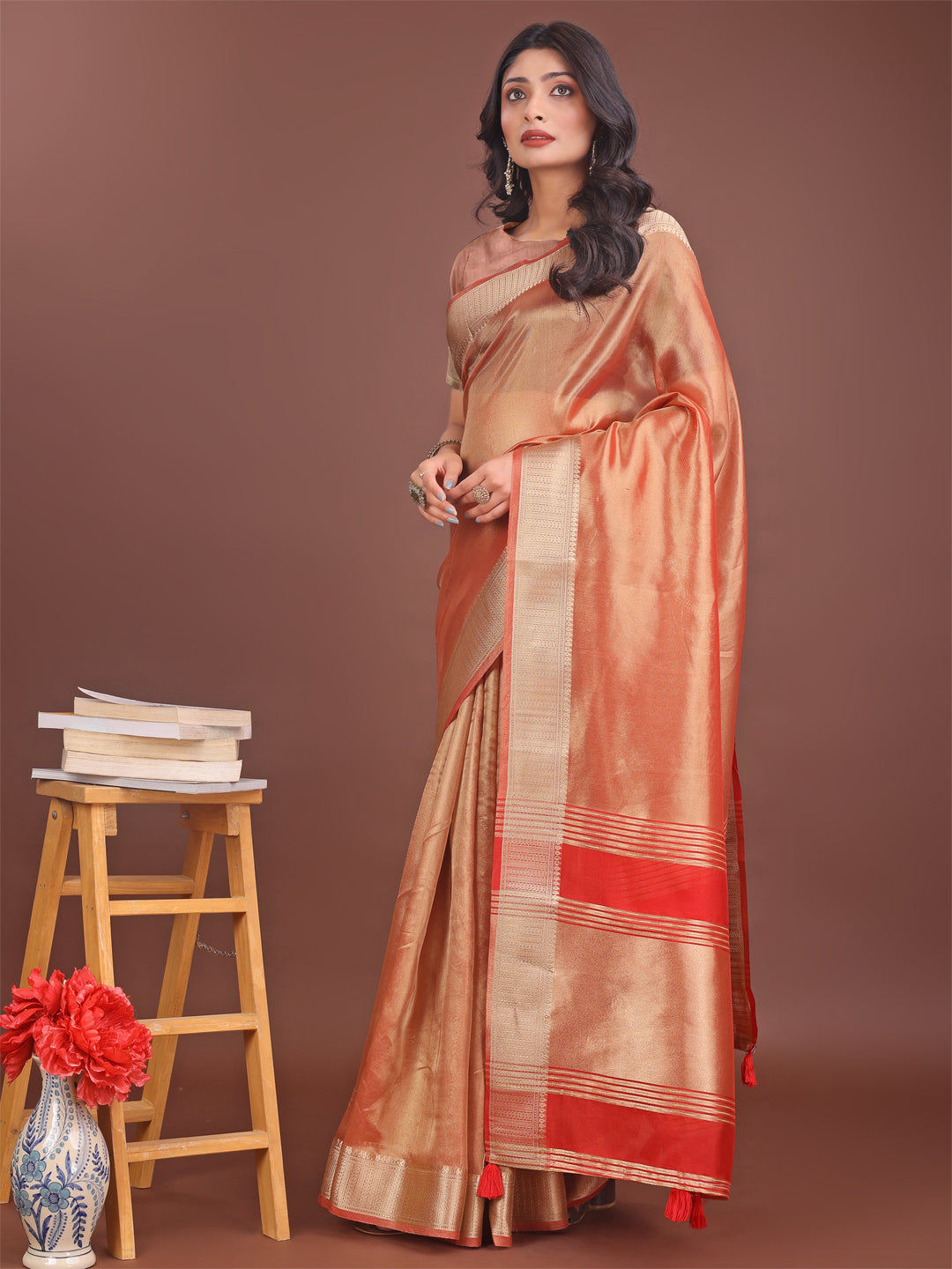 Shree Shyam Fashion Elegant Orange & Red Organza Saree with Rich Zari Border & Pallu Tassels | Premium Partywear Saree for Women | Grocsy
