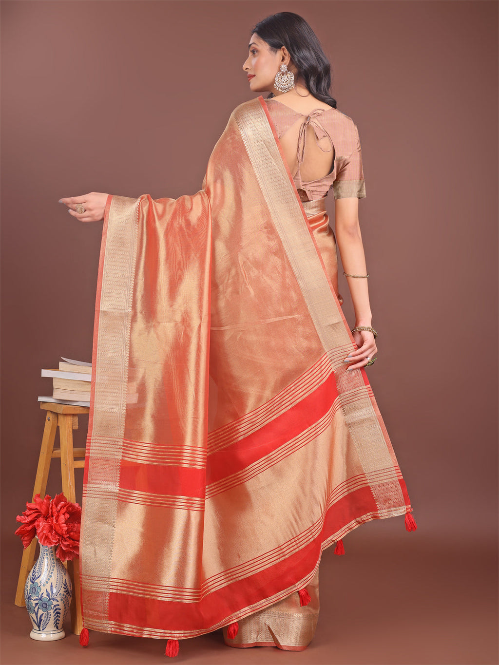 Shree Shyam Fashion Elegant Orange & Red Organza Saree with Rich Zari Border & Pallu Tassels | Premium Partywear Saree for Women | Grocsy