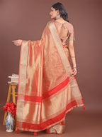 Shree Shyam Fashion Elegant Orange & Red Organza Saree with Rich Zari Border & Pallu Tassels | Premium Partywear Saree for Women | Grocsy