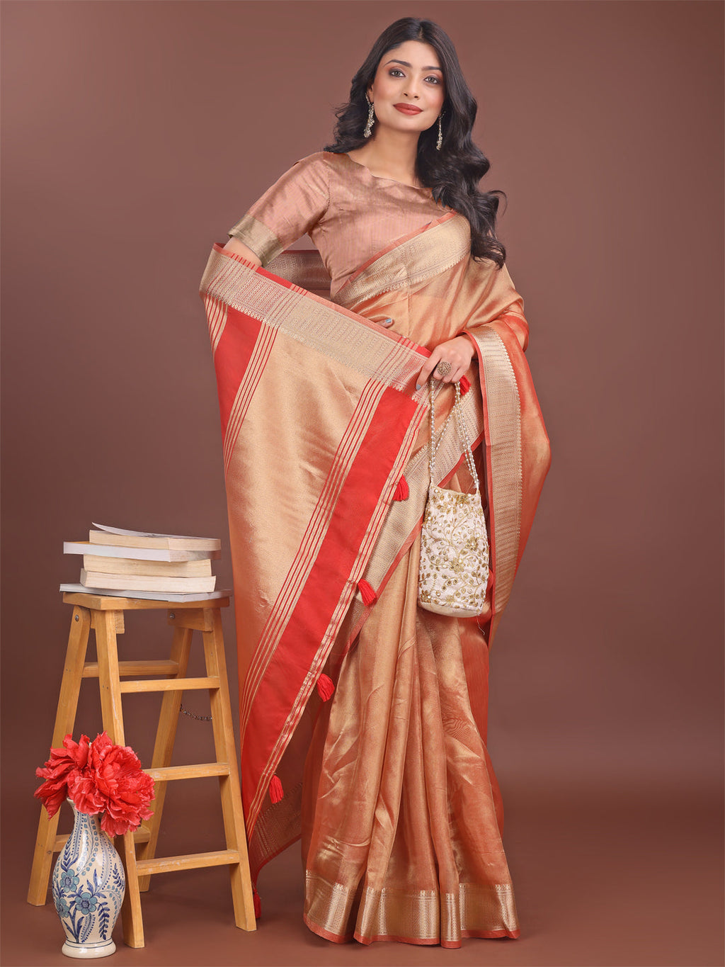 Shree Shyam Fashion Elegant Orange & Red Organza Saree with Rich Zari Border & Pallu Tassels | Premium Partywear Saree for Women | Grocsy