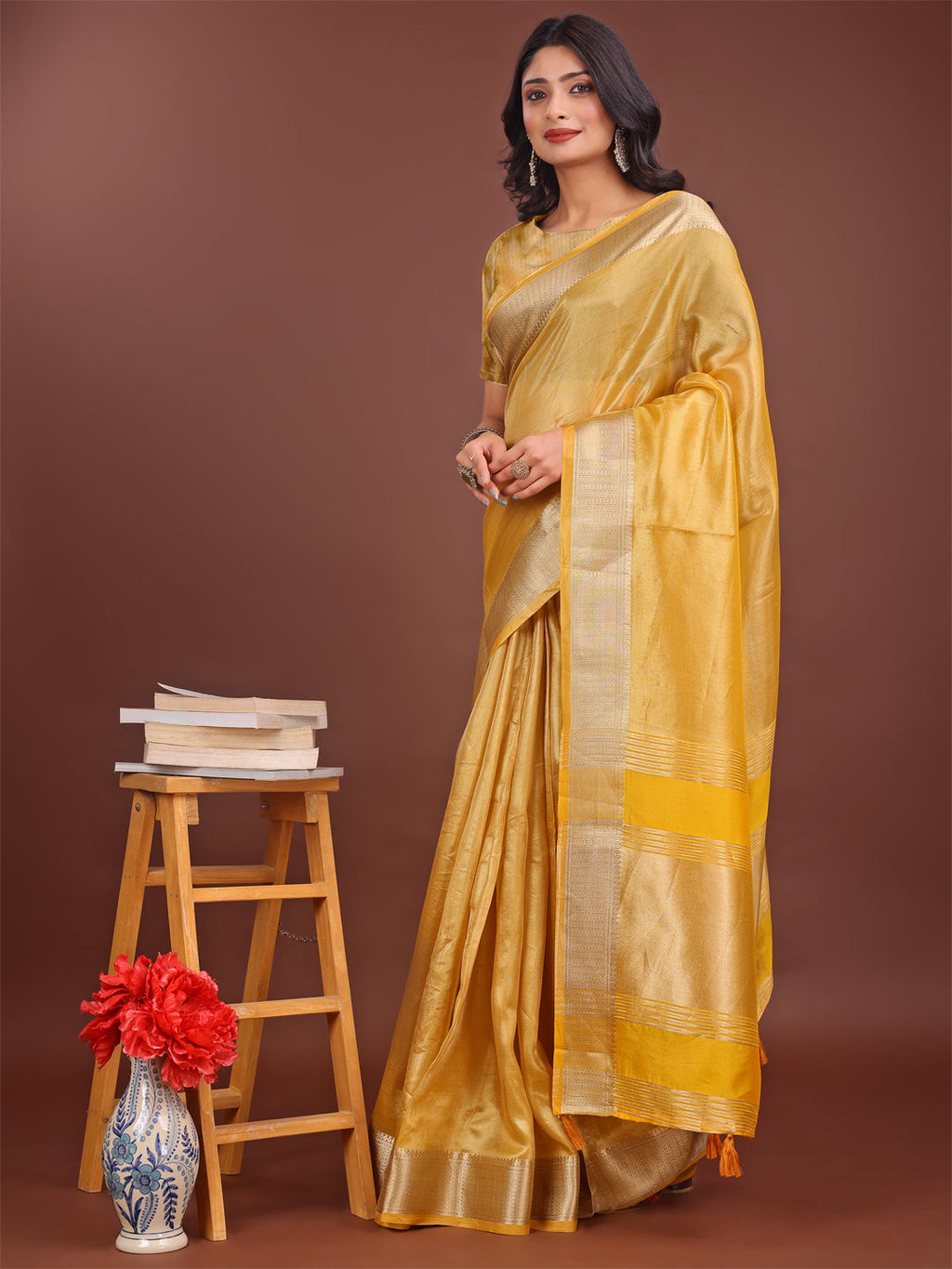 Shree Shyam Fashion Elegant Yellow & Yellow Organza Saree with Rich Zari Border & Pallu Tassels | Premium Partywear Saree for Women | Grocsy