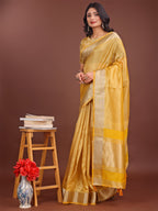 Shree Shyam Fashion Elegant Yellow & Yellow Organza Saree with Rich Zari Border & Pallu Tassels | Premium Partywear Saree for Women | Grocsy