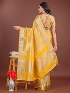 Shree Shyam Fashion Elegant Yellow & Yellow Organza Saree with Rich Zari Border & Pallu Tassels | Premium Partywear Saree for Women | Grocsy