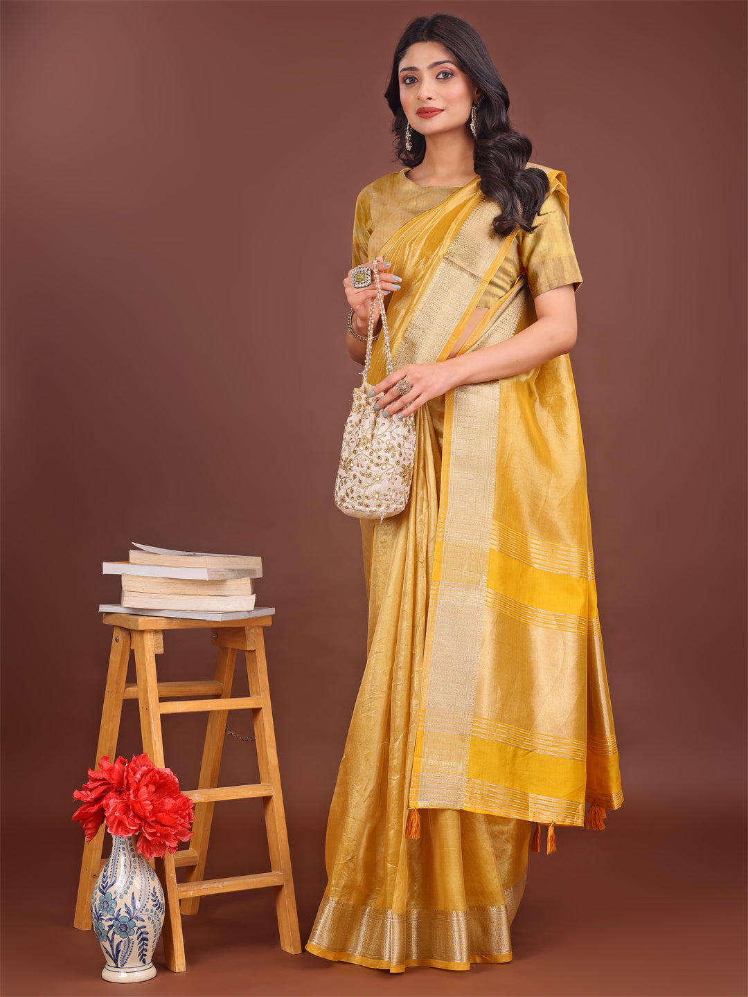 Shree Shyam Fashion Elegant Yellow & Yellow Organza Saree with Rich Zari Border & Pallu Tassels | Premium Partywear Saree for Women | Grocsy