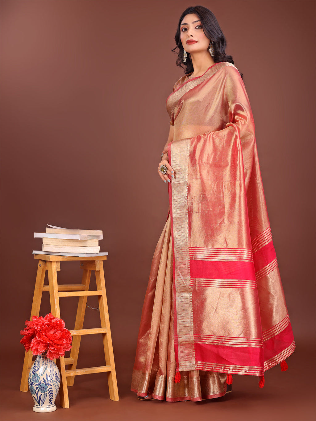 Shree Shyam Fashion Elegant Orange & Pink Organza Saree with Rich Zari Border & Pallu Tassels | Premium Partywear Saree for Women | Grocsy