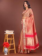 Shree Shyam Fashion Elegant Orange & Pink Organza Saree with Rich Zari Border & Pallu Tassels | Premium Partywear Saree for Women | Grocsy