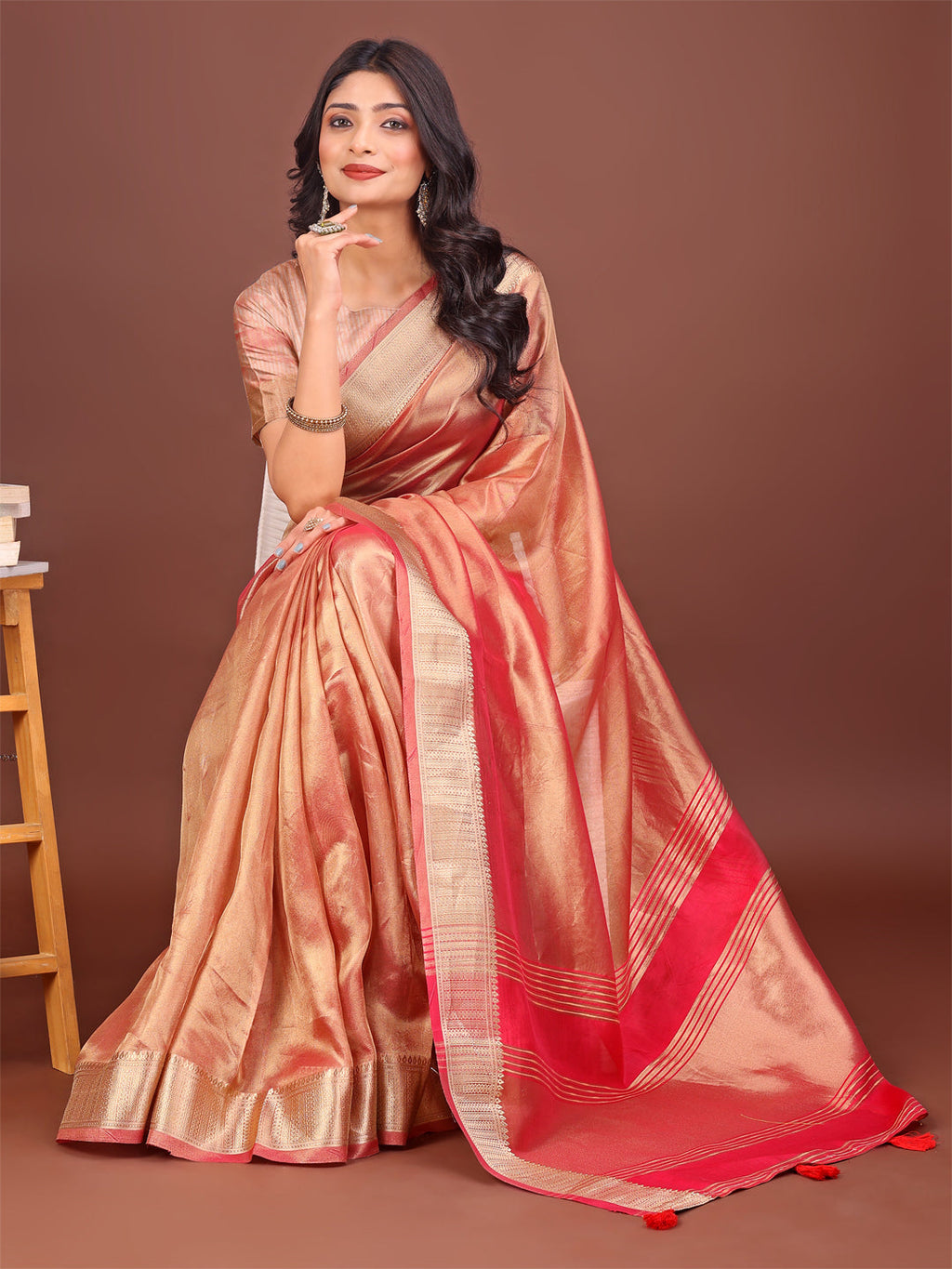 Shree Shyam Fashion Elegant Orange & Pink Organza Saree with Rich Zari Border & Pallu Tassels | Premium Partywear Saree for Women | Grocsy