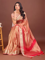 Shree Shyam Fashion Elegant Orange & Pink Organza Saree with Rich Zari Border & Pallu Tassels | Premium Partywear Saree for Women | Grocsy
