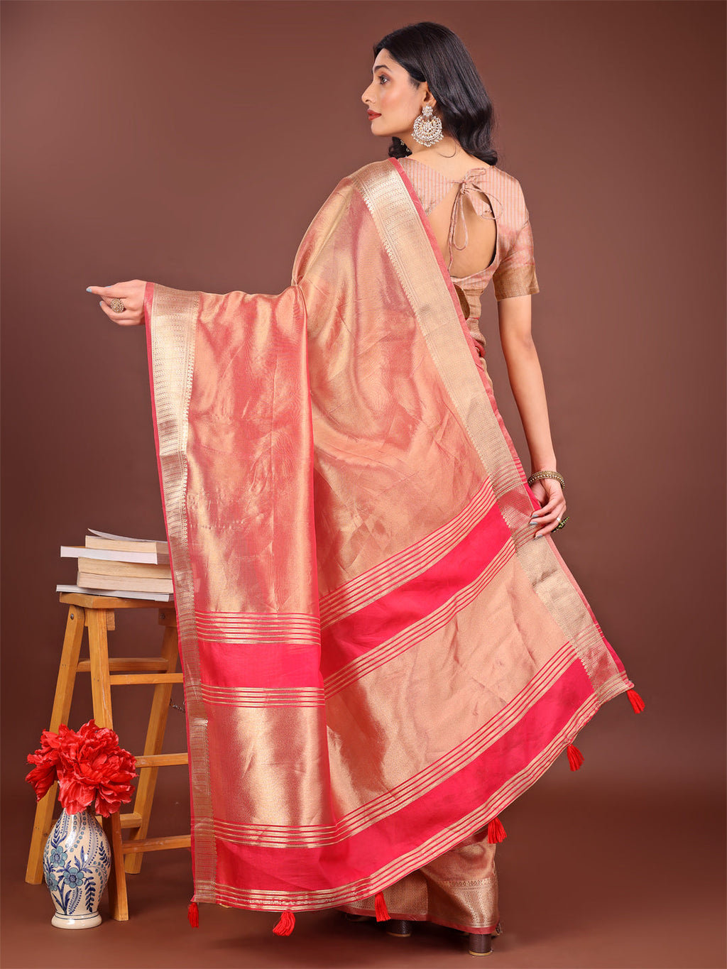 Shree Shyam Fashion Elegant Orange & Pink Organza Saree with Rich Zari Border & Pallu Tassels | Premium Partywear Saree for Women | Grocsy