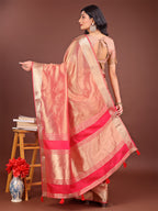 Shree Shyam Fashion Elegant Orange & Pink Organza Saree with Rich Zari Border & Pallu Tassels | Premium Partywear Saree for Women | Grocsy