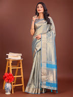 Shree Shyam Fashion Elegant Grey & Sky Blue Organza Saree with Rich Zari Border & Pallu Tassels | Premium Partywear Saree for Women | Grocsy