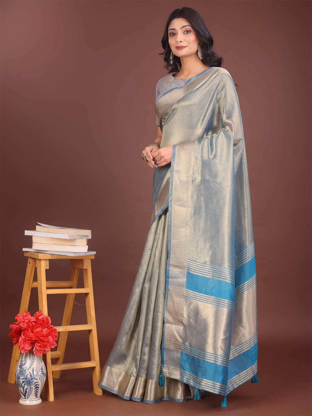 Shree Shyam Fashion Elegant Grey & Sky Blue Organza Saree with Rich Zari Border & Pallu Tassels | Premium Partywear Saree for Women | Grocsy