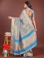 Shree Shyam Fashion Elegant Grey & Sky Blue Organza Saree with Rich Zari Border & Pallu Tassels | Premium Partywear Saree for Women | Grocsy