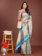 Shree Shyam Fashion Elegant Grey & Sky Blue Organza Saree with Rich Zari Border & Pallu Tassels | Premium Partywear Saree for Women | Grocsy