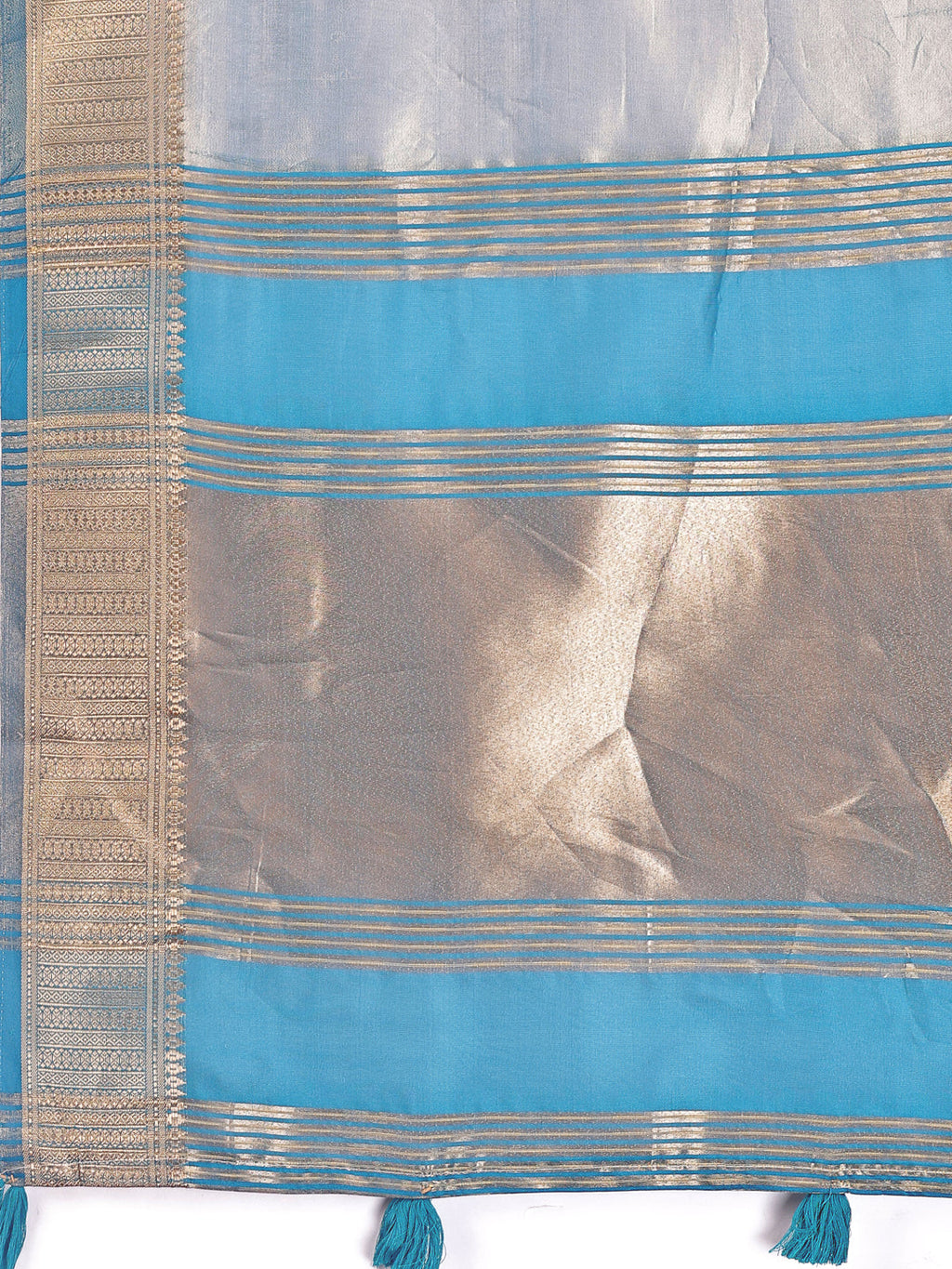Shree Shyam Fashion Elegant Grey & Sky Blue Organza Saree with Rich Zari Border & Pallu Tassels | Premium Partywear Saree for Women | Grocsy
