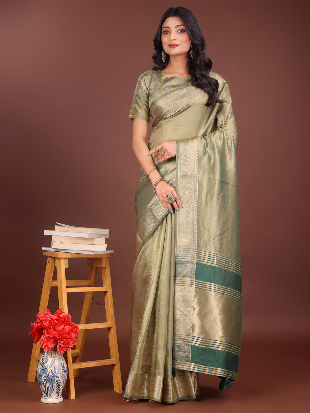Shree Shyam Fashion Elegant Light Green & Green Organza Saree with Rich Zari Border & Pallu Tassels | Premium Partywear Saree for Women | Grocsy