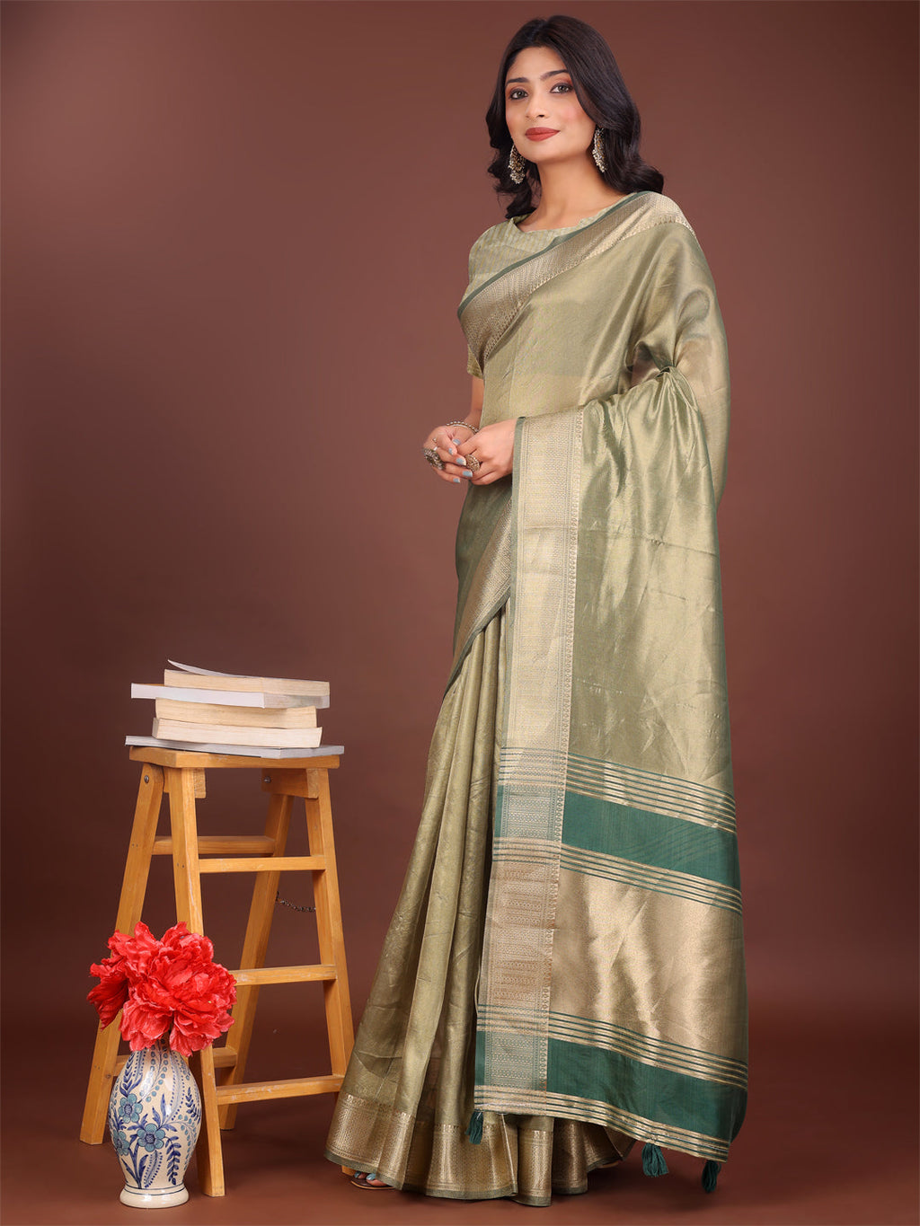 Shree Shyam Fashion Elegant Light Green & Green Organza Saree with Rich Zari Border & Pallu Tassels | Premium Partywear Saree for Women | Grocsy