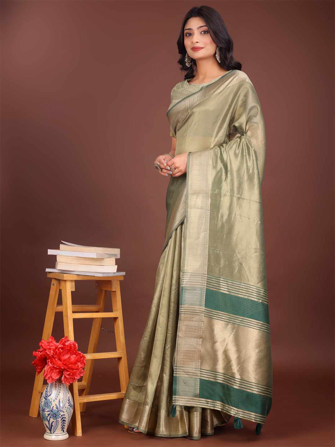 Shree Shyam Fashion Elegant Light Green & Green Organza Saree with Rich Zari Border & Pallu Tassels | Premium Partywear Saree for Women | Grocsy