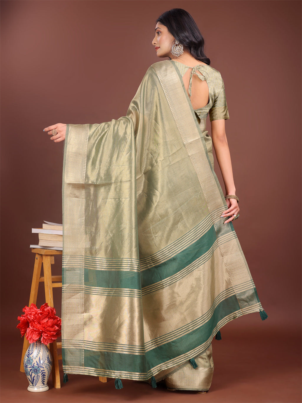 Shree Shyam Fashion Elegant Light Green & Green Organza Saree with Rich Zari Border & Pallu Tassels | Premium Partywear Saree for Women | Grocsy