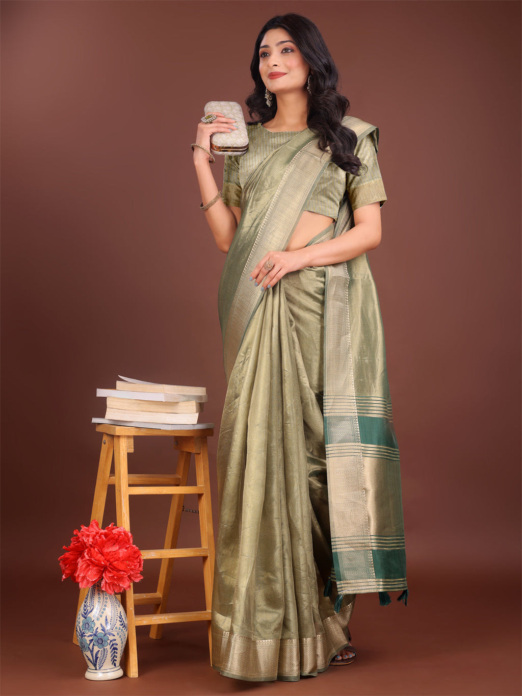 Shree Shyam Fashion Elegant Light Green & Green Organza Saree with Rich Zari Border & Pallu Tassels | Premium Partywear Saree for Women | Grocsy