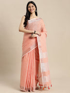 Shree Shyam Fashion Elegant Peach Woven Linen Saree with Contrast Zari Border & Tassels - Soft & Breathable Party Wear | Grocsy