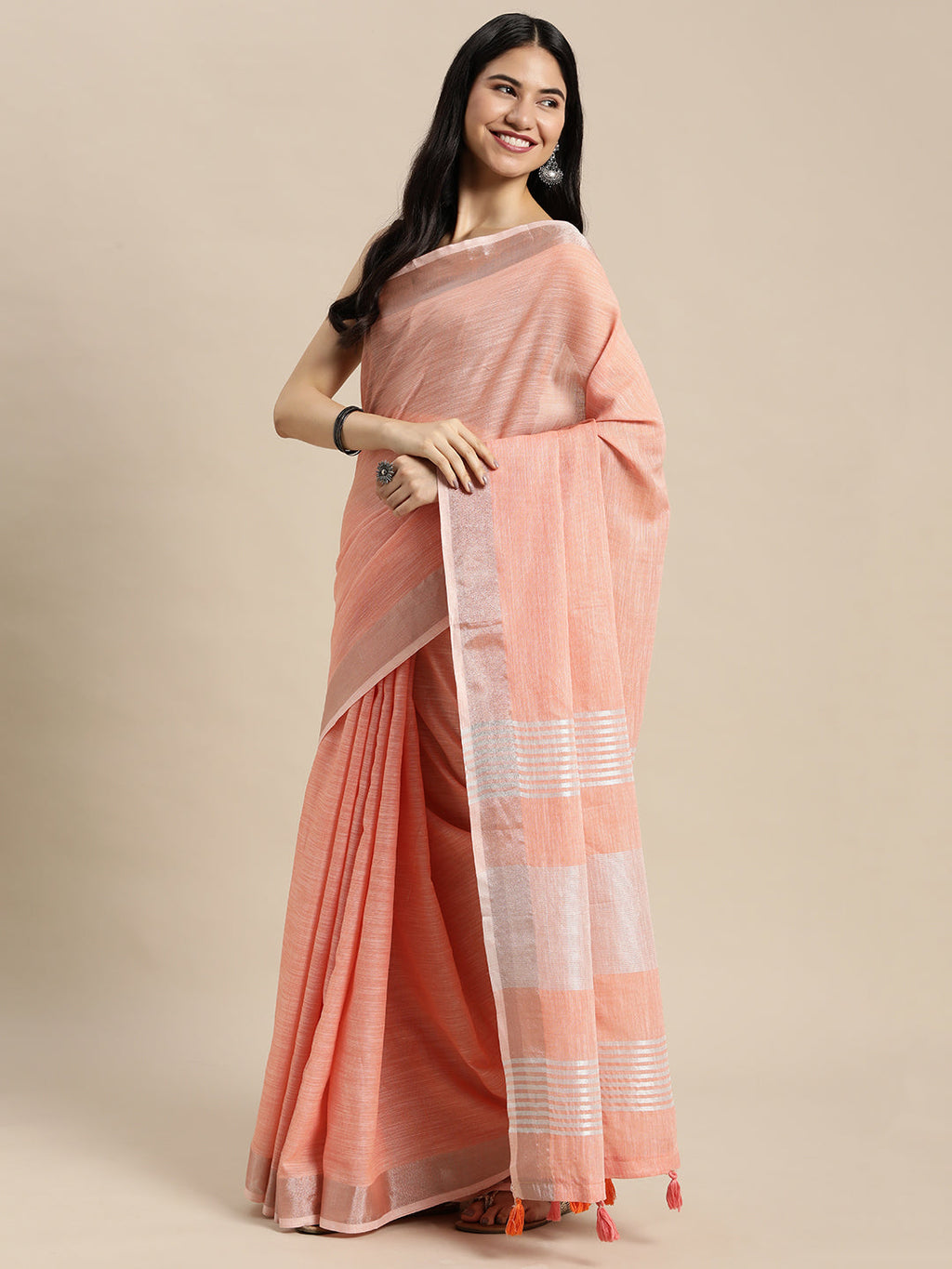 Shree Shyam Fashion Elegant Peach Woven Linen Saree with Contrast Zari Border & Tassels - Soft & Breathable Party Wear | Grocsy